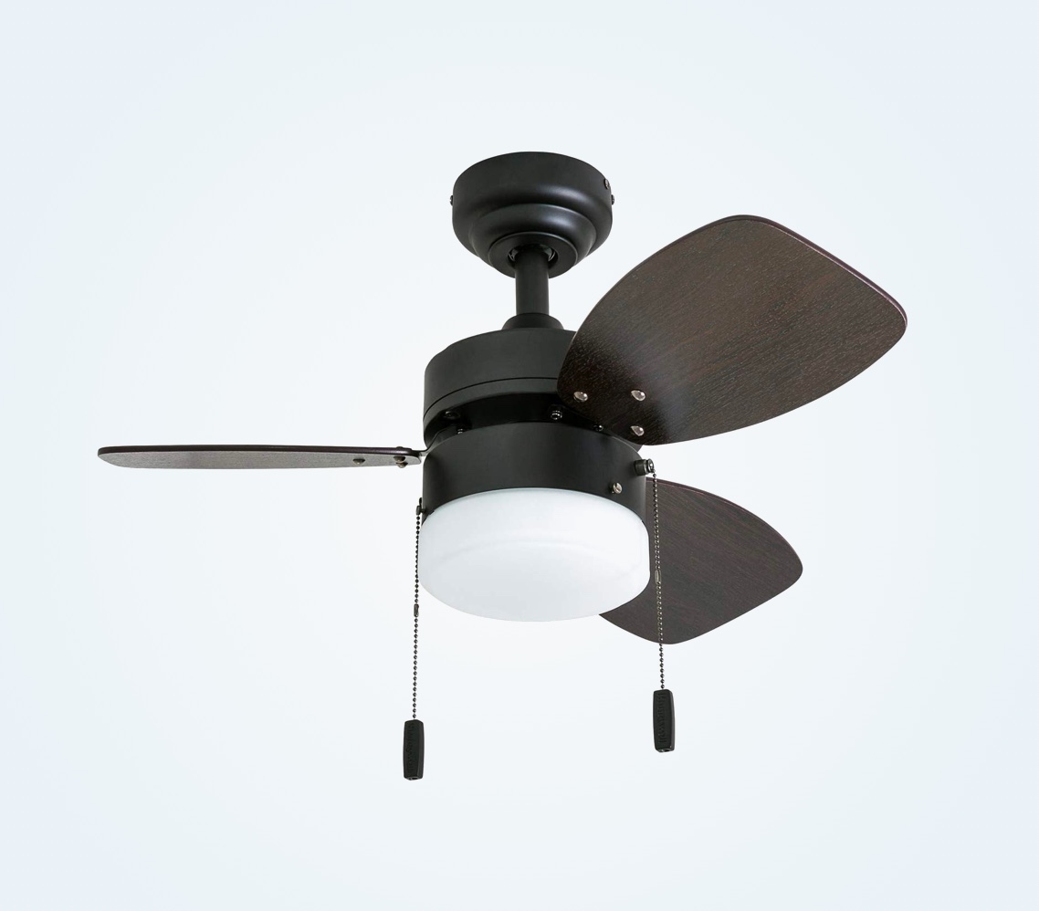 Miniature ceiling fan with light and pull cords