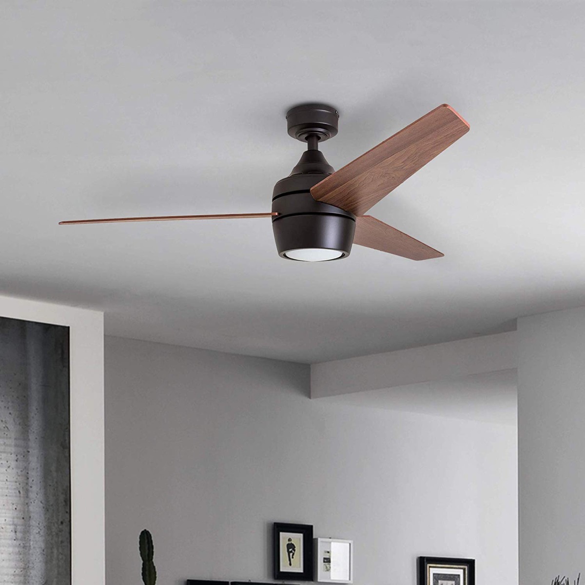 Black and wood three-blade ceiling fan