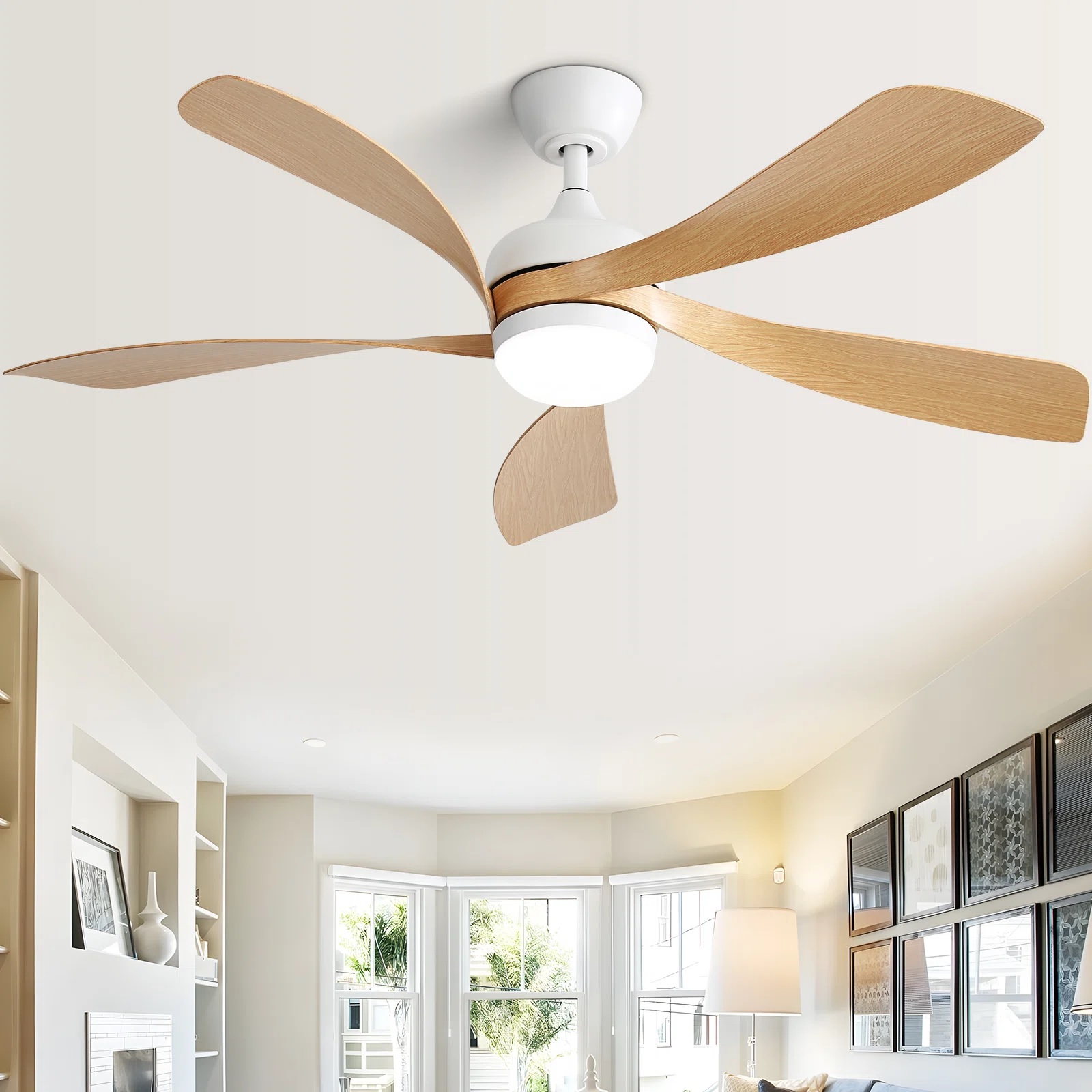 White and wood ceiling fan with light