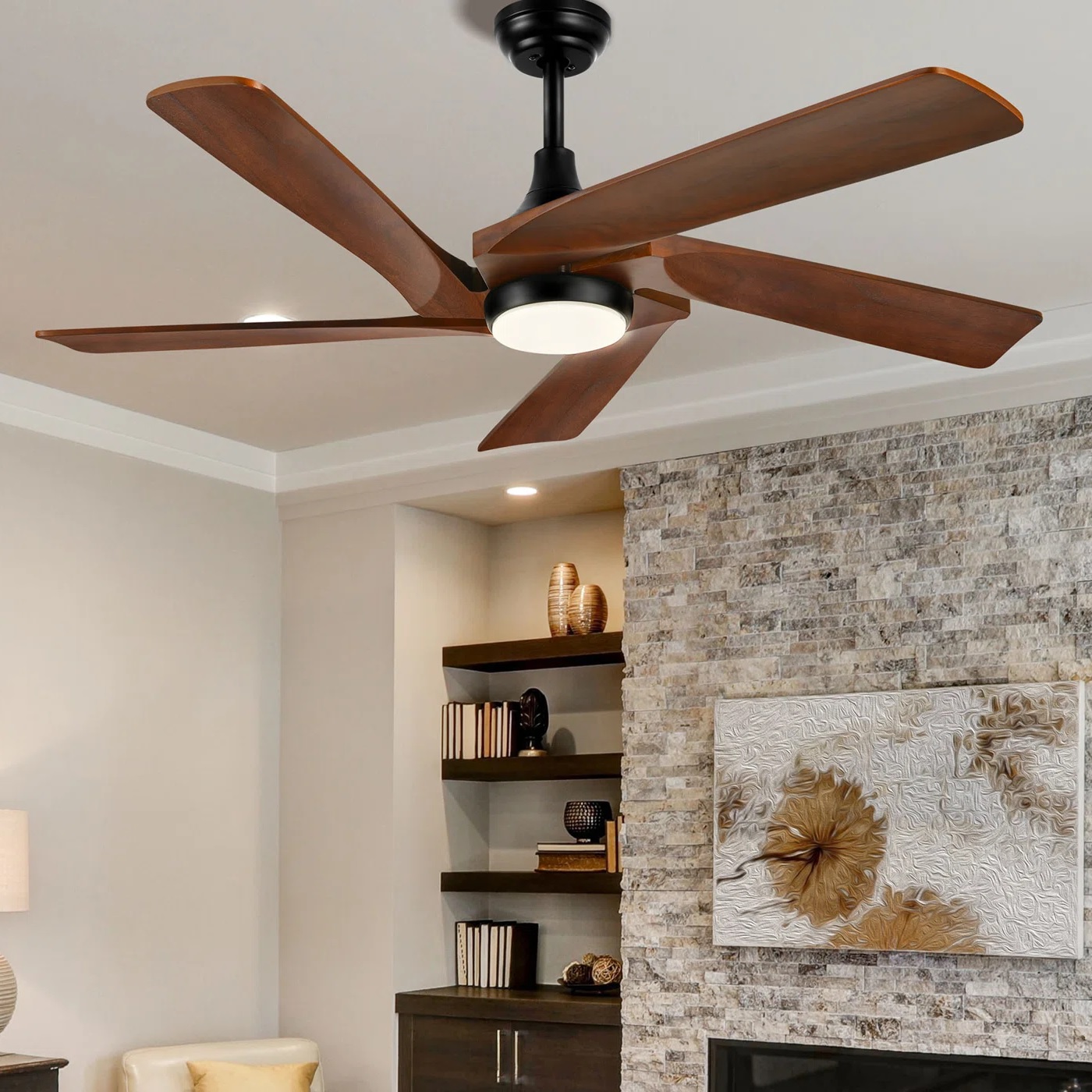 Modern ceiling fan with wood blades and LED