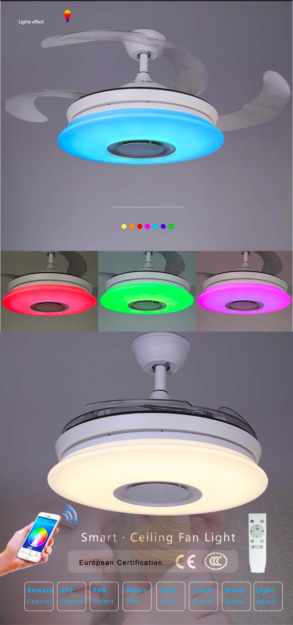 RGB color-changing ceiling fan with retractable blades