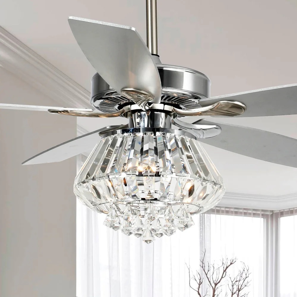 Silver and crystal ceiling fan with light