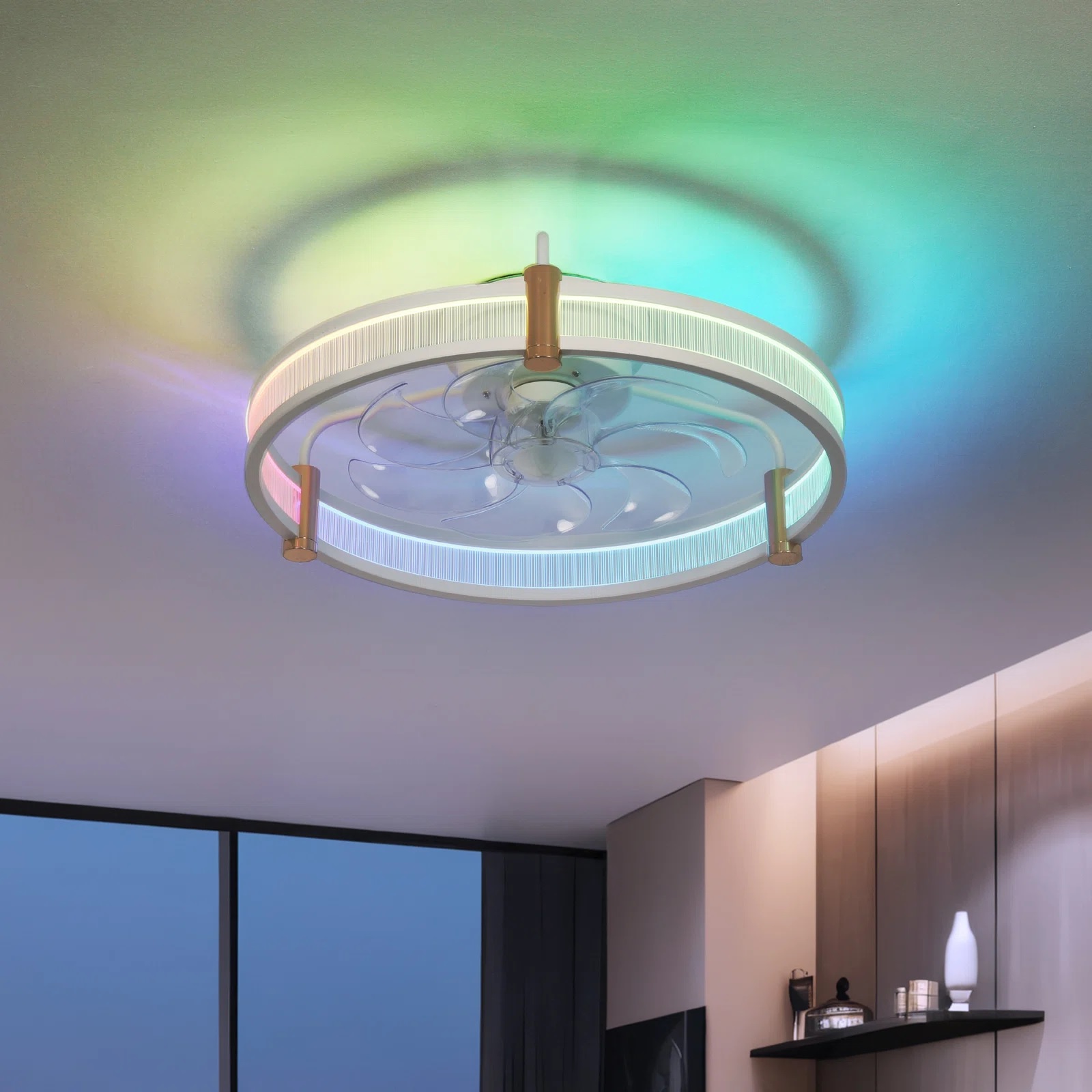 RGB LED ceiling fan with transparent blades