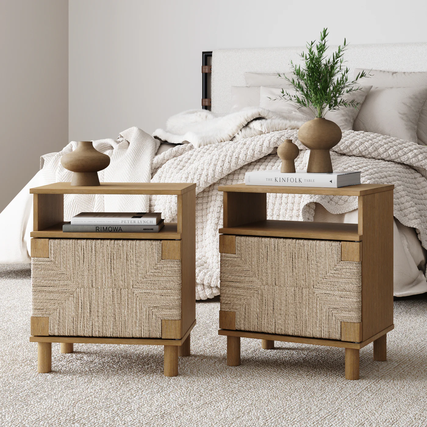 Boho seagrass bedside table set