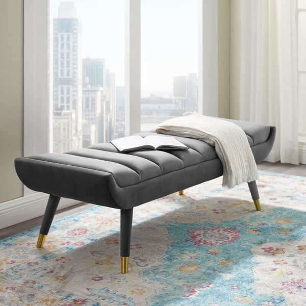 Modern Grey End Of Bed Bench Shapely Seat With Channel Tufting And Splayed Legs With Brass Caps 600x600 