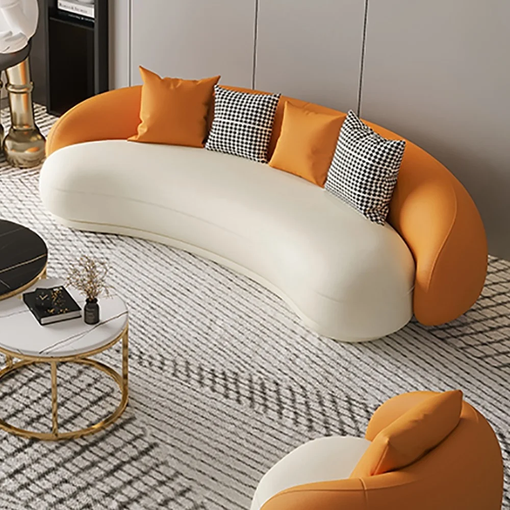 Orange and white leather curved sofa