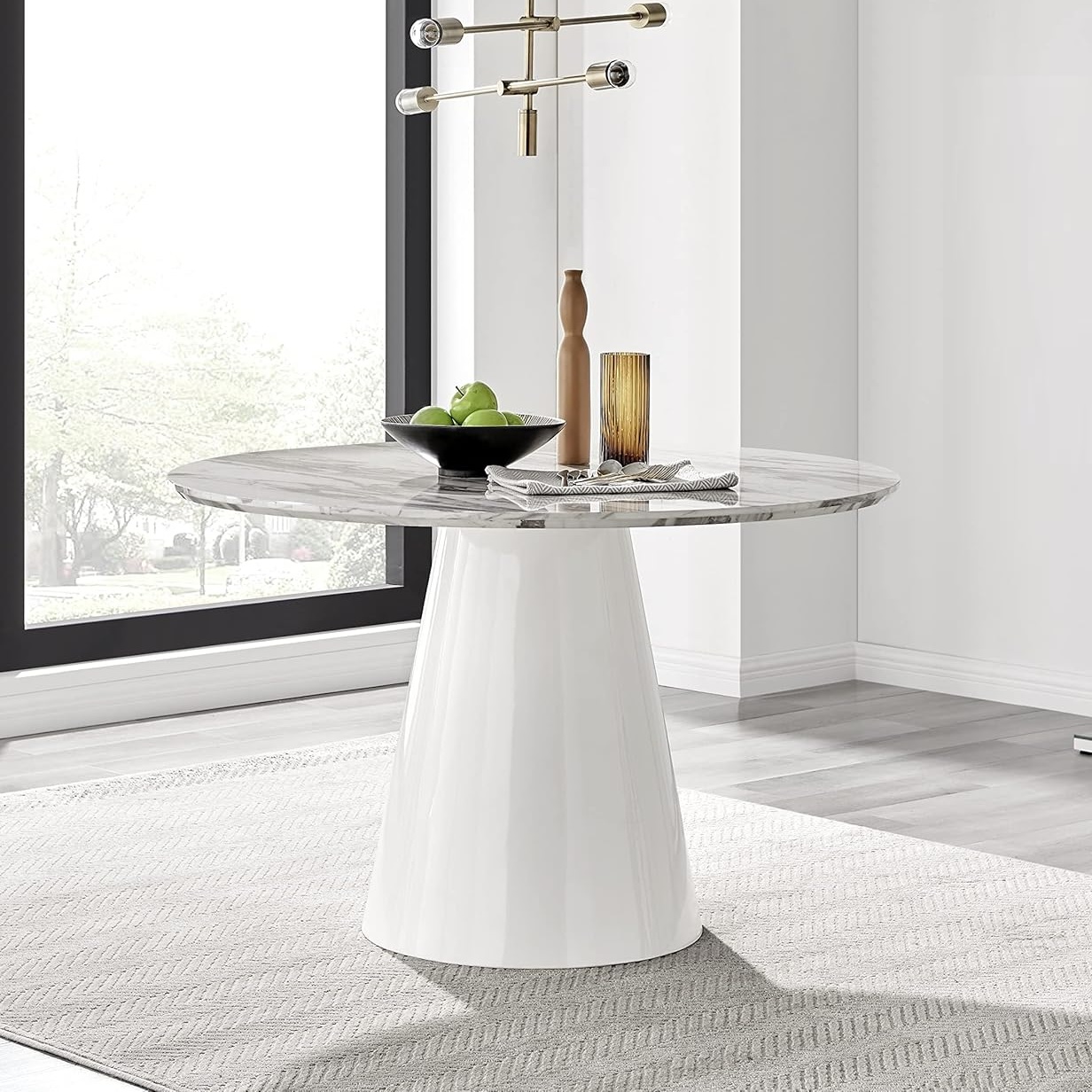 Faux marble dining table with glossy white pedestal base