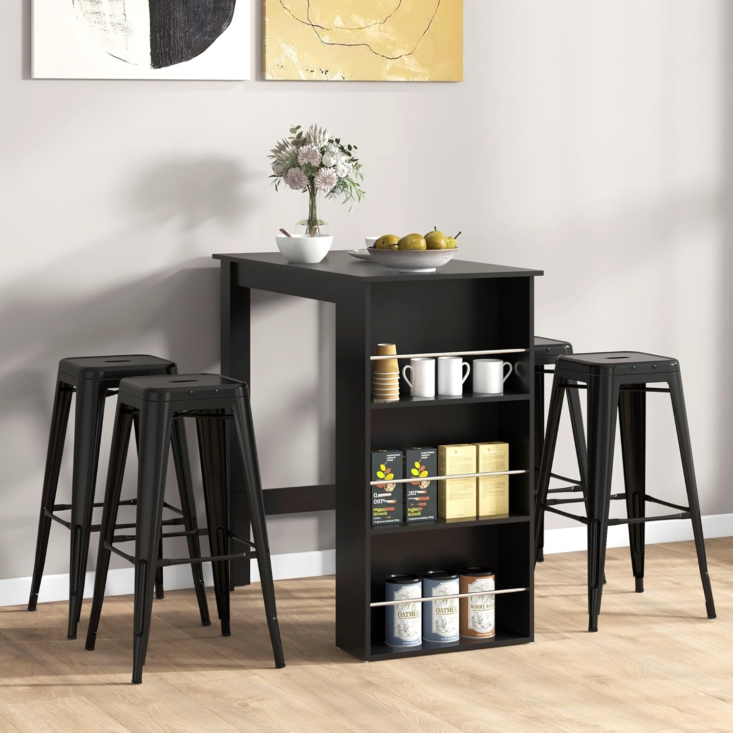 Small black dining table with shelves