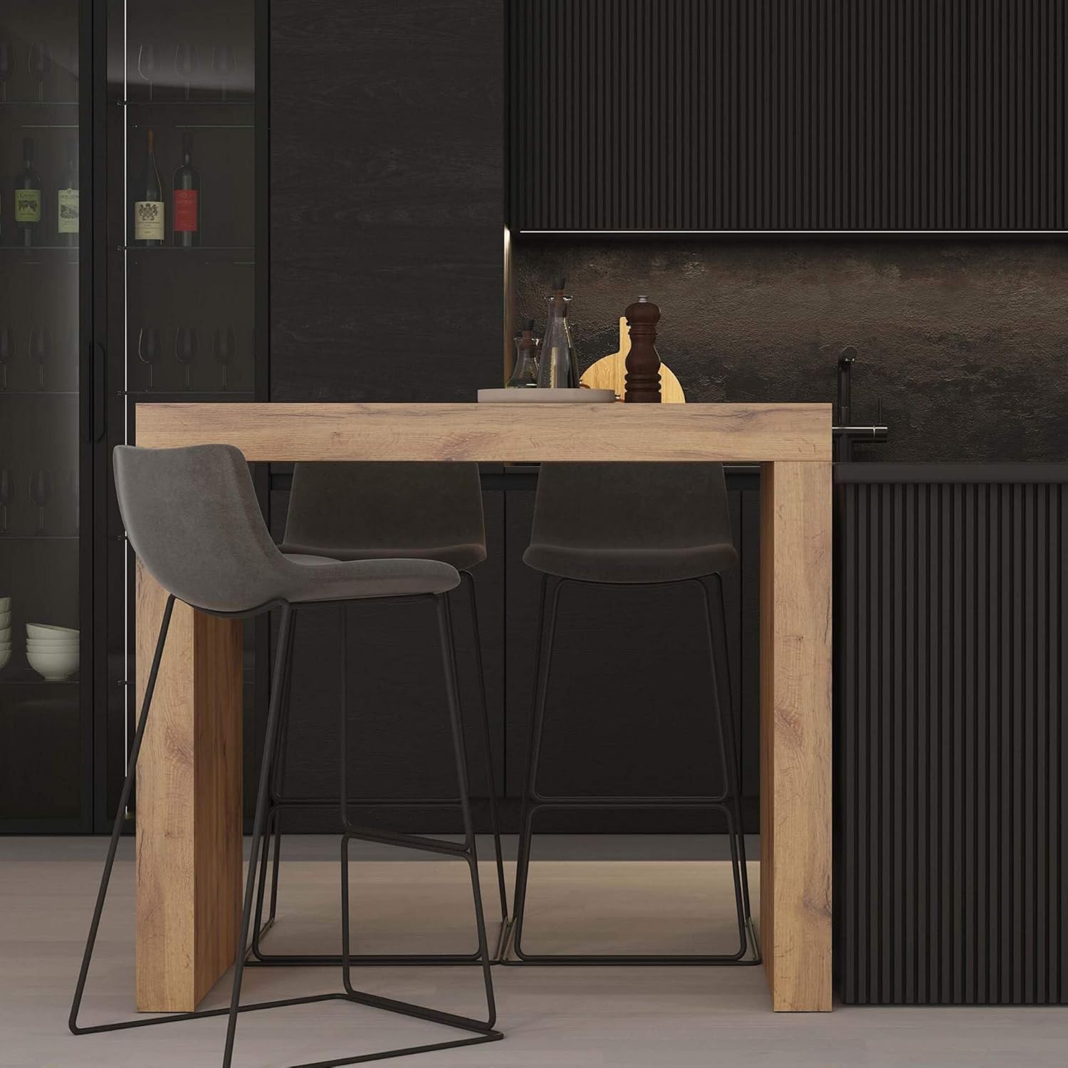 Wood bar-height dining table with waterfall edges