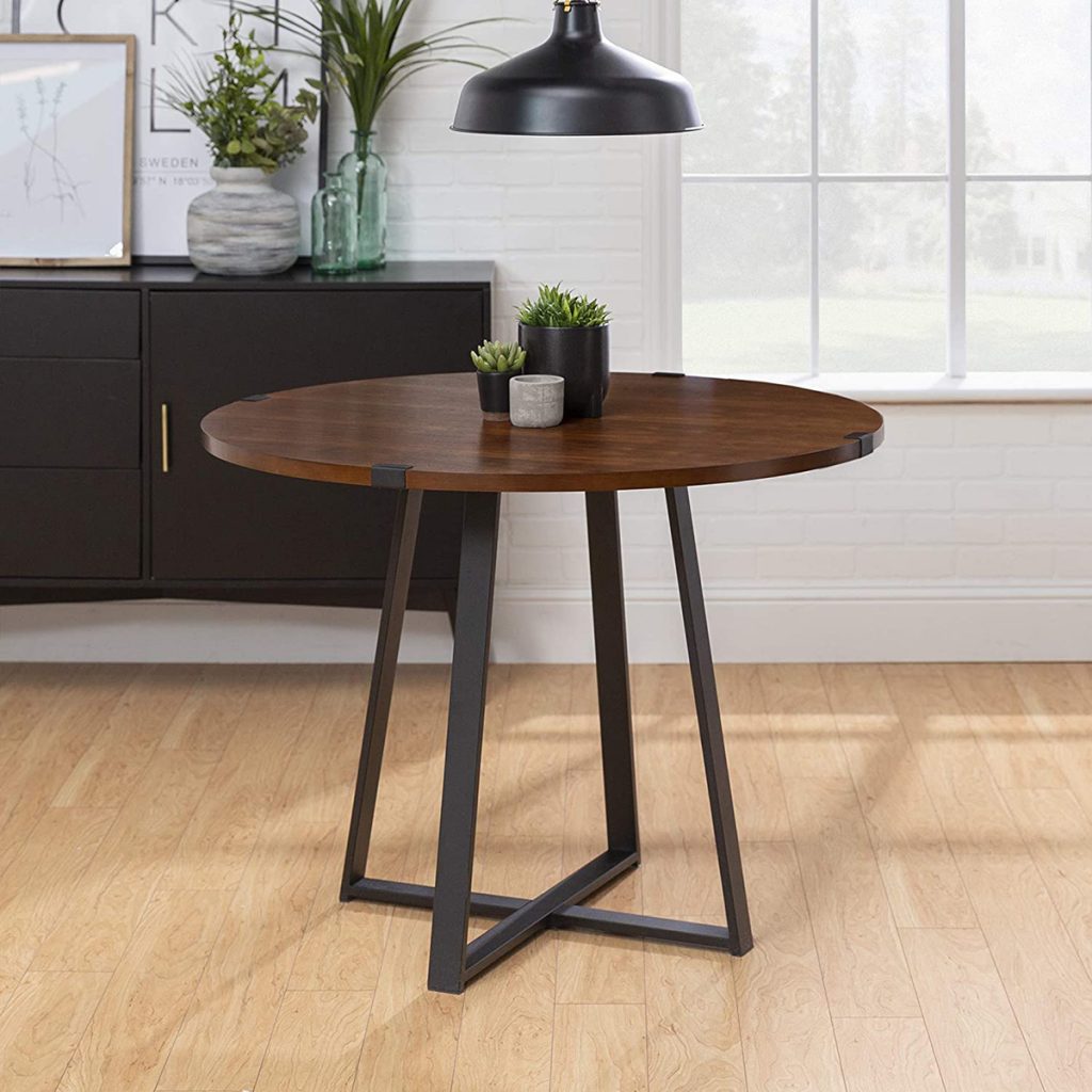 Round Industrial Farmhouse Dining Table with X Base and Dark Brown top