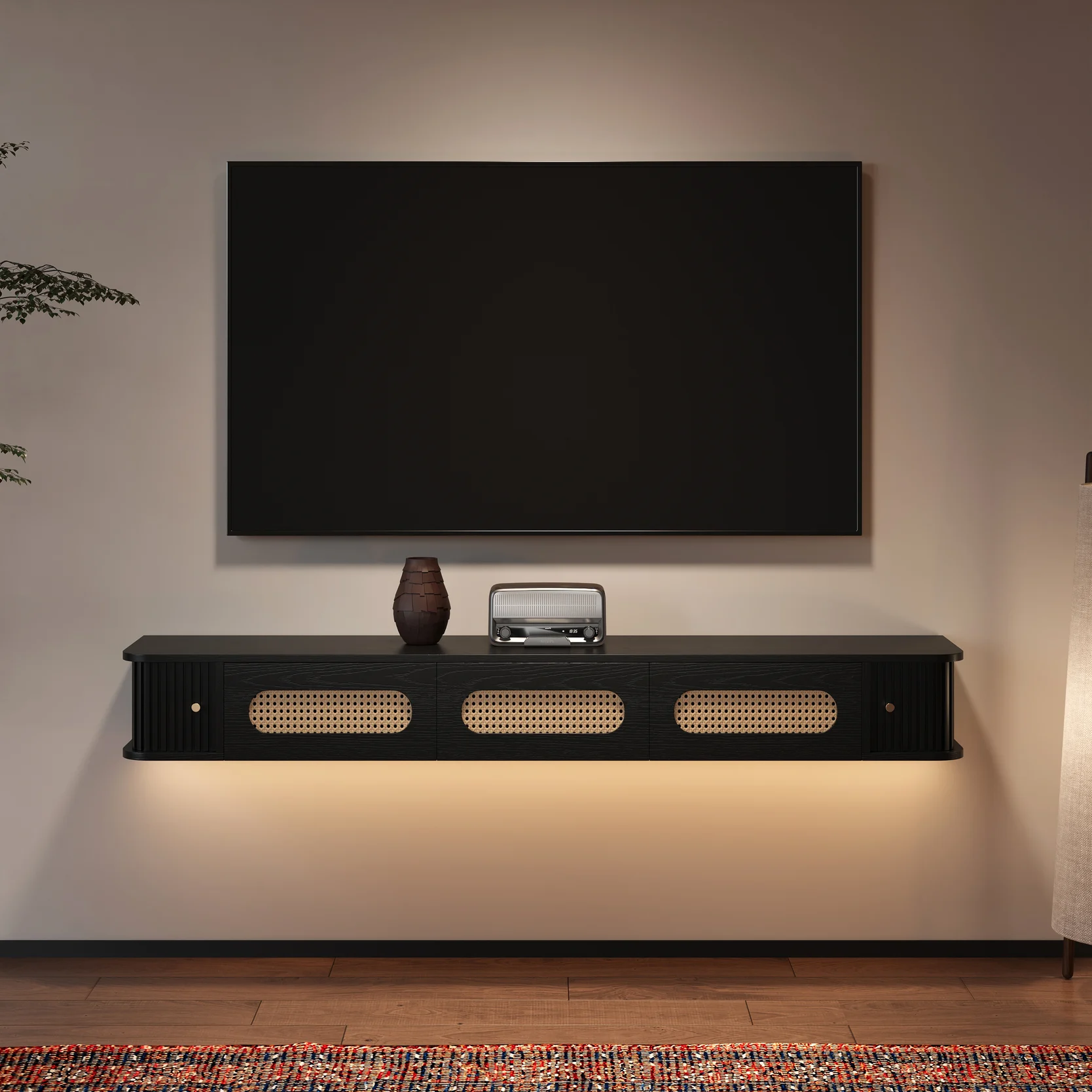 Black rattan floating TV stand with LED light