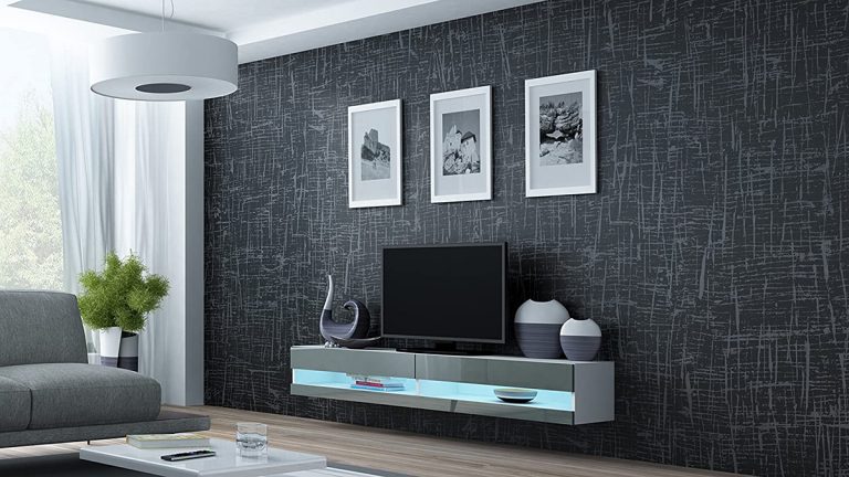 Contemporary Floating TV Stand With LED Lights And Bottom Shelf Glossy Grey And White 768x432 