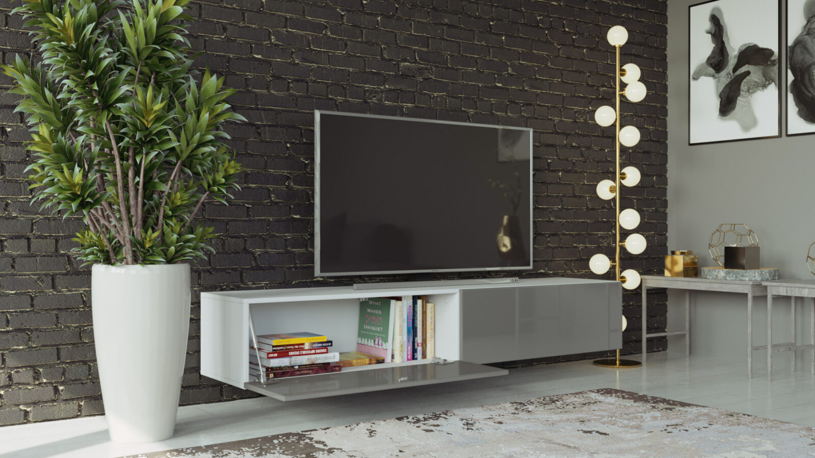 Glossy white and gray floating TV stand