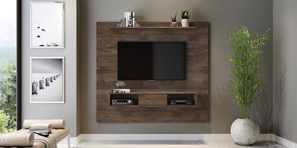 Wood Floating TV Stand with Shelves Walnut Wood Planked Square Shape ...