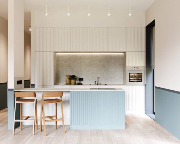 red and light blue kitchen island