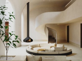 Creamy Home Interior With Curvaceous Staircase Design & Courtyard