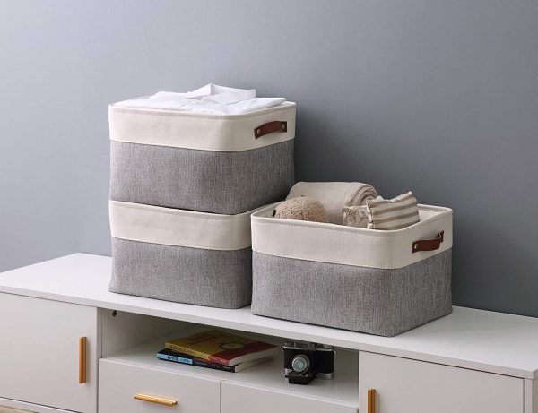 Set of Two Small Foldable Round Fabric Storage Bins - Blue/Ivory -  organization