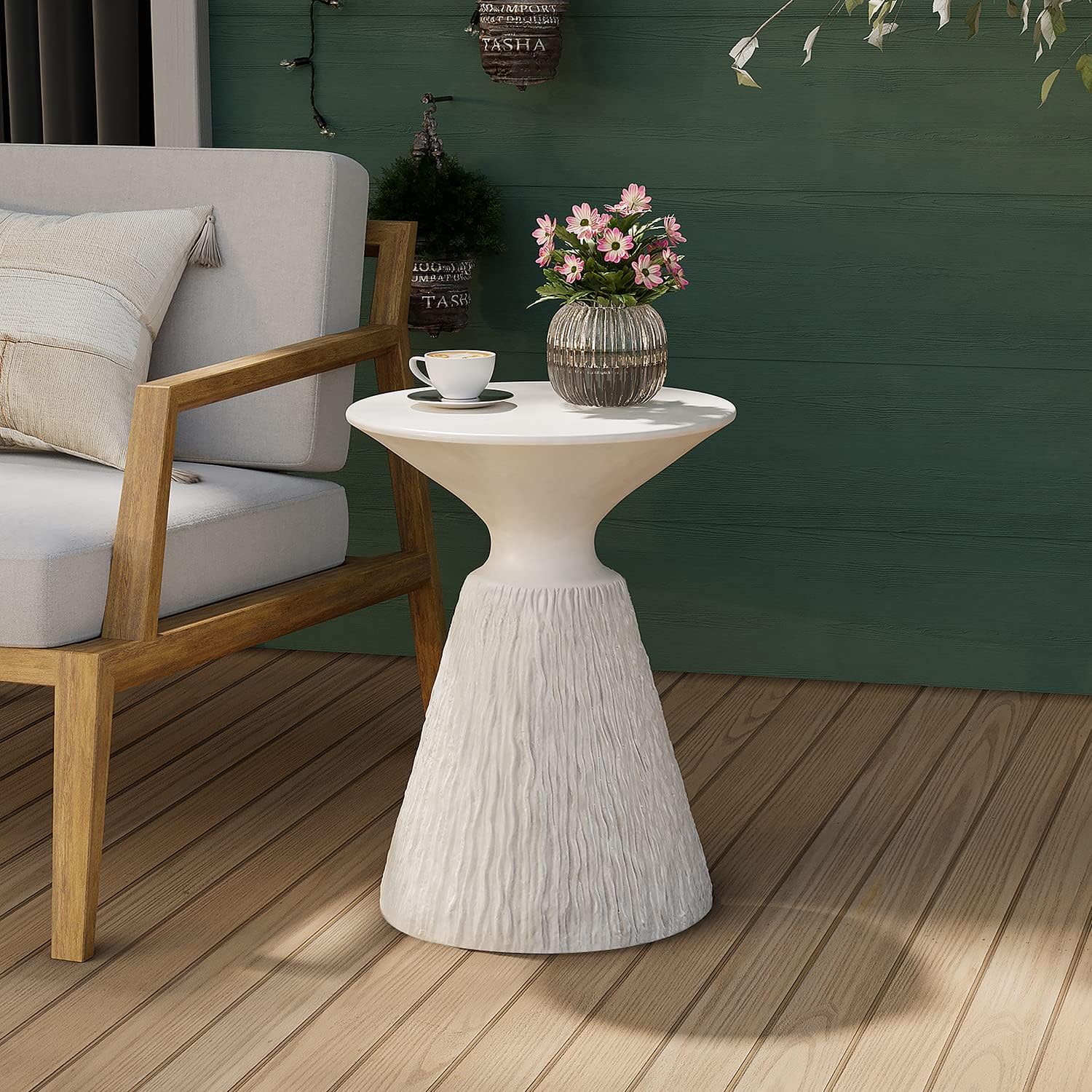 White outdoor side table with texture