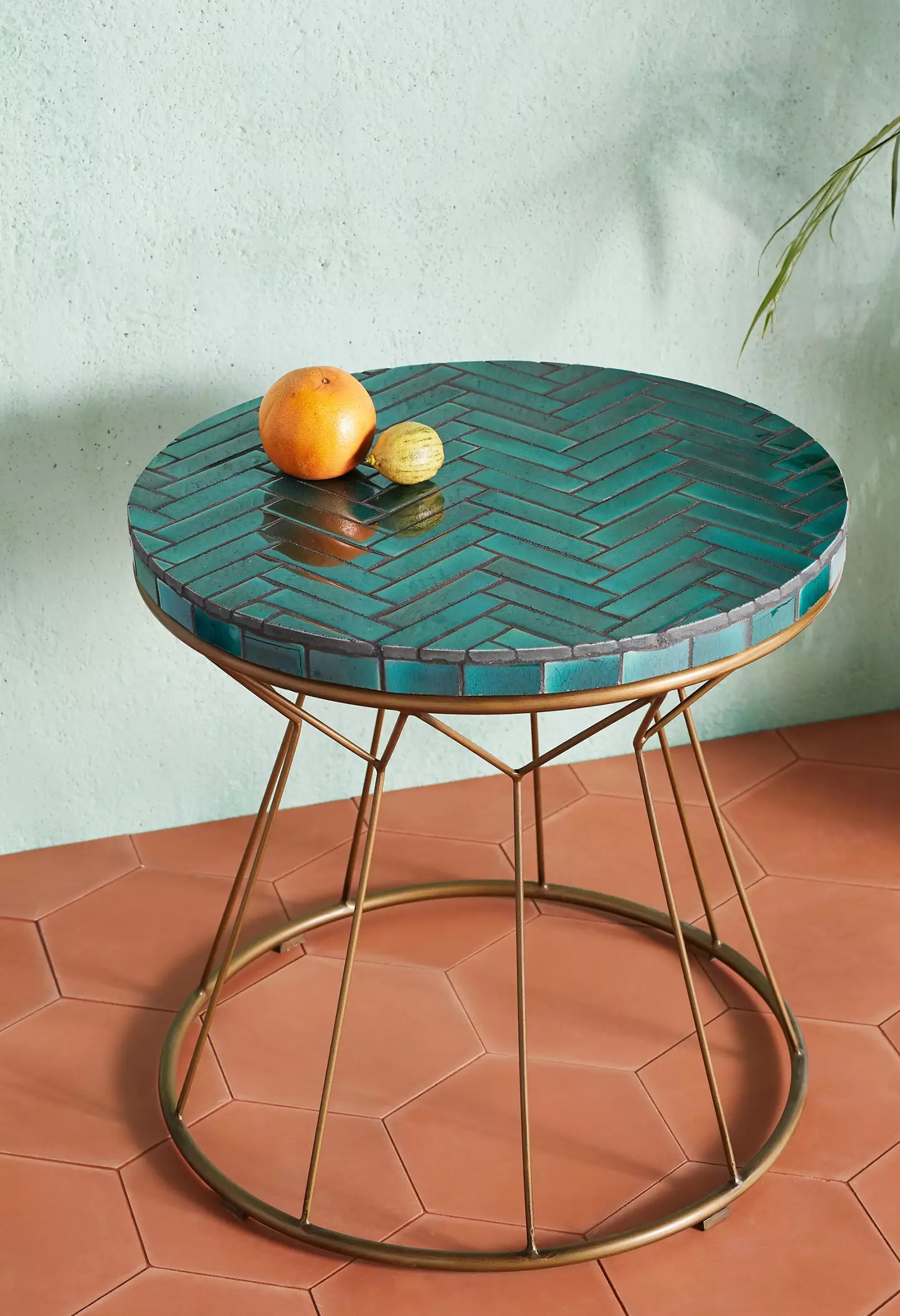 Turquoise-tiled outdoor side table