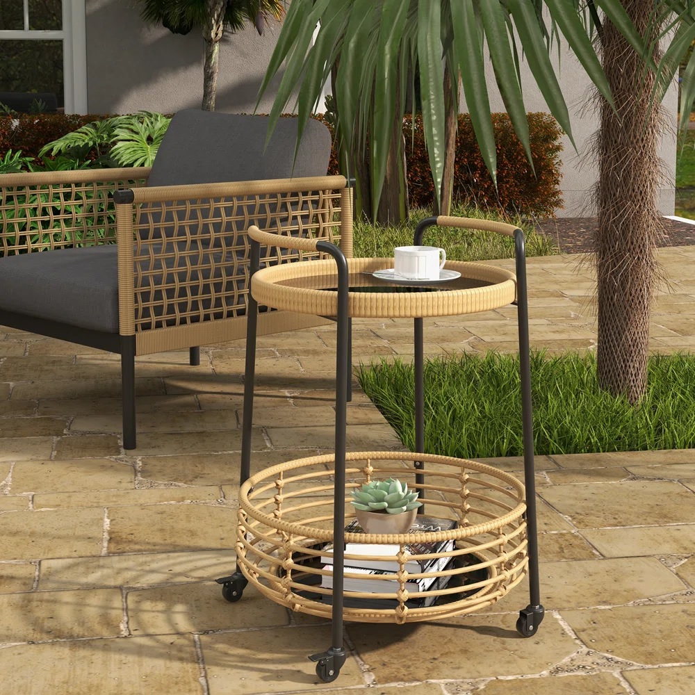 Wheeled outdoor table wrapped in wicker