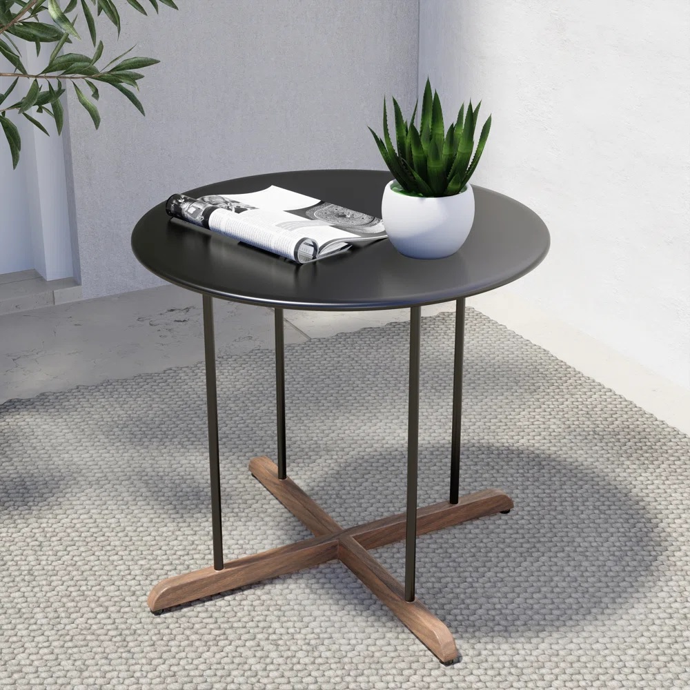 Round outdoor table with wood-look feet