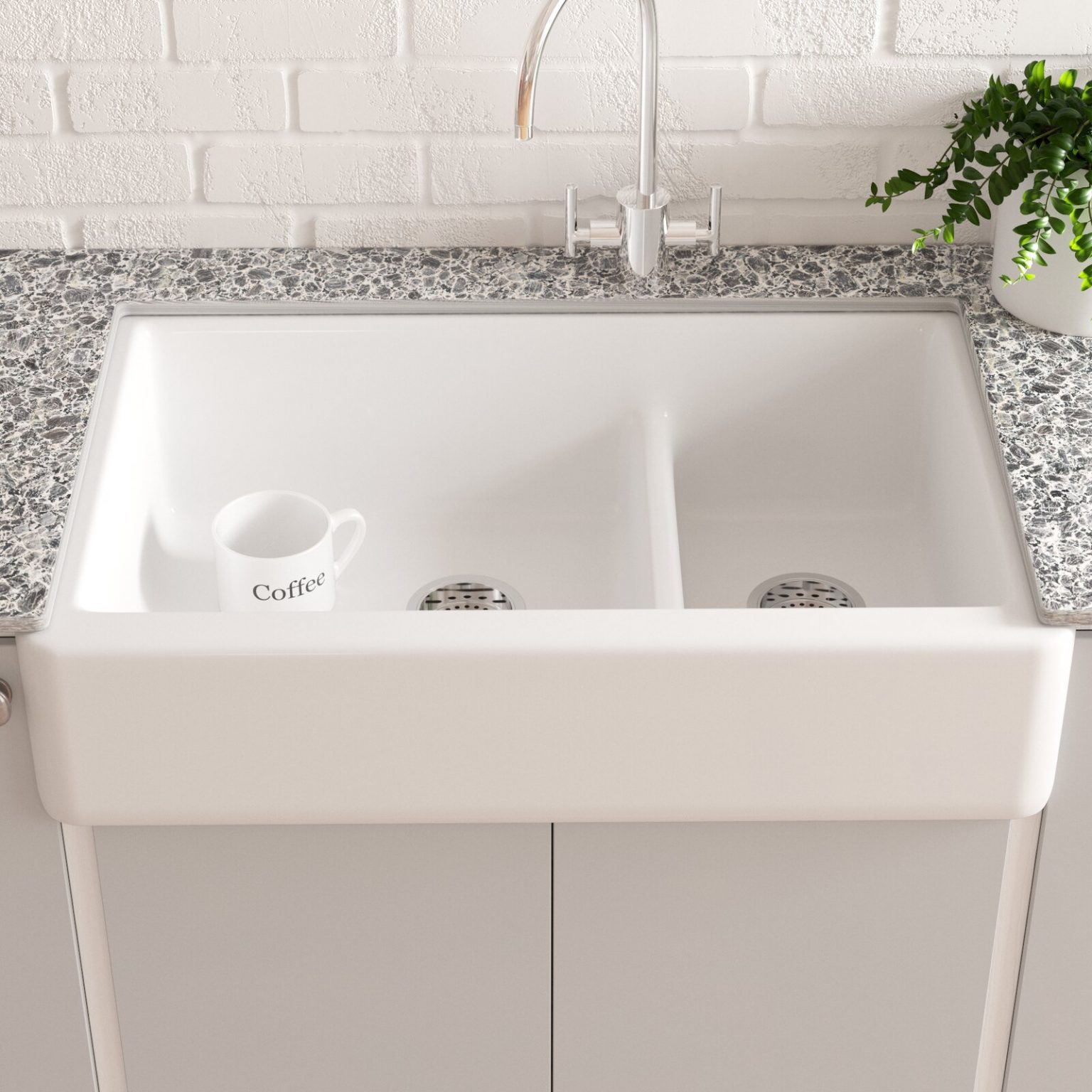 Inch White Farmhouse Sink Rounded Corners Two Basin Design Low Divider Versatile Farmhouse