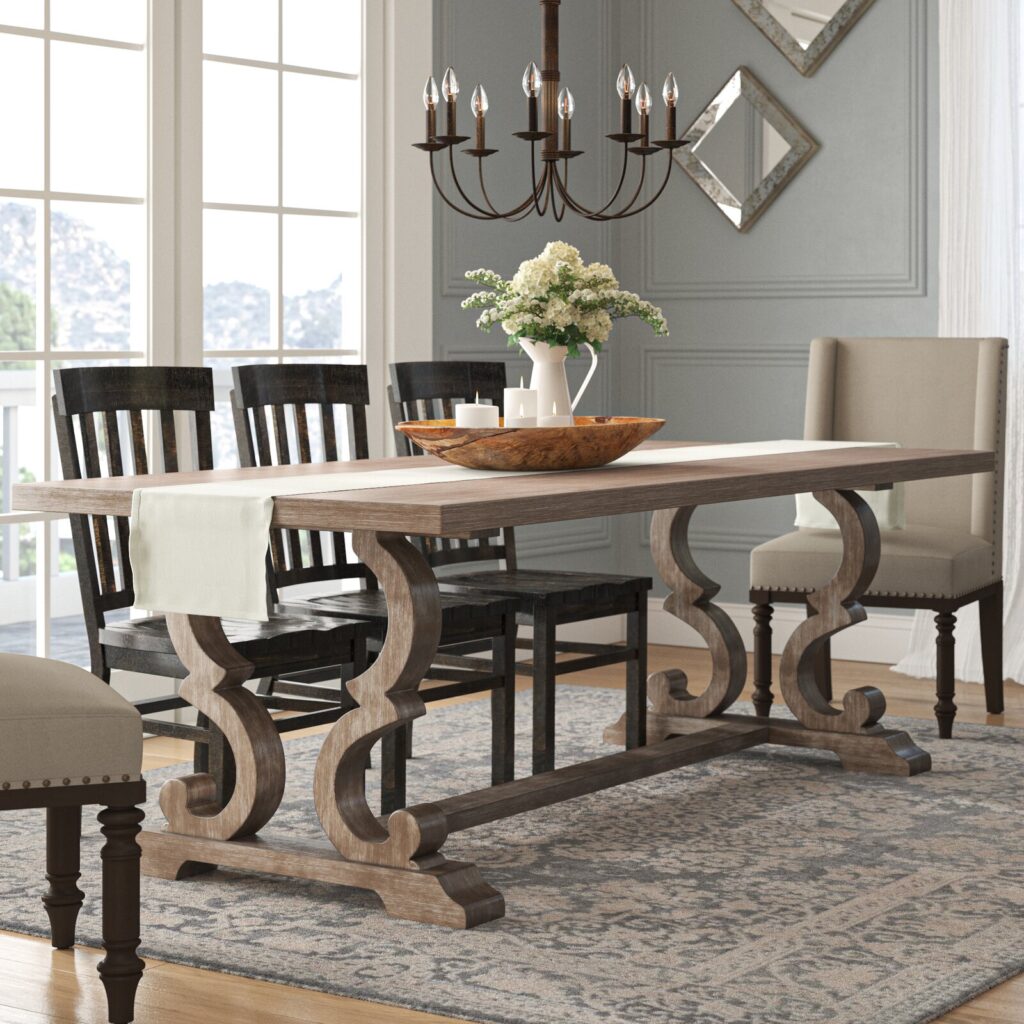 Beautiful Farmhouse Wood Dining Table Elegant Decorative Trestle Base 