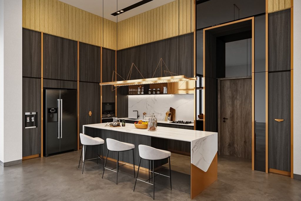 gold kitchen hardware with chrome light