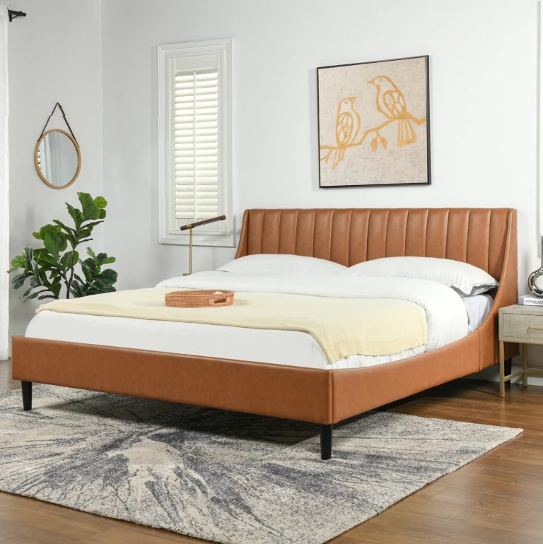 cognac faux leather tufted bed mid-century modern bedroom furniture ...