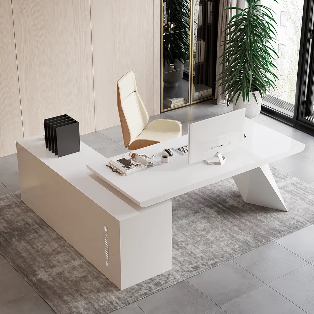 Modern Luxurious L Shaped Executive Desk With Crisp White Finish Hidden CPU Storage Cable Management Extensive Storage Architectural Desks For Home Offices Inspiration 
