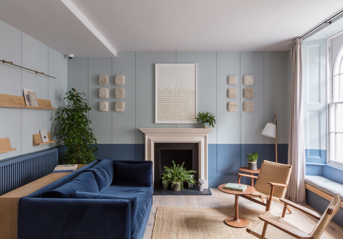 Living Room Decor With Blue Sofa & Decorative Pillows