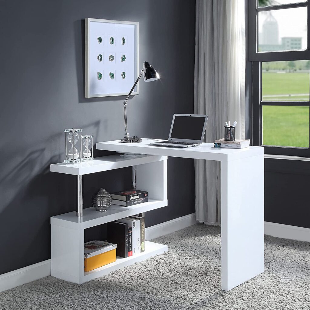 small l shaped desk with decorative open shelving silver details ...