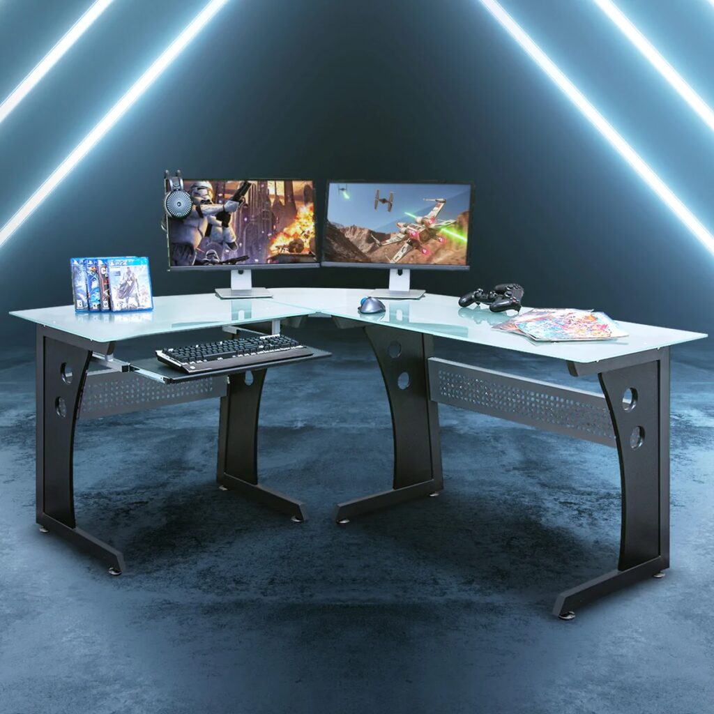 unique modern l shaped desk gaming glass tabletop spill-proof durable ...