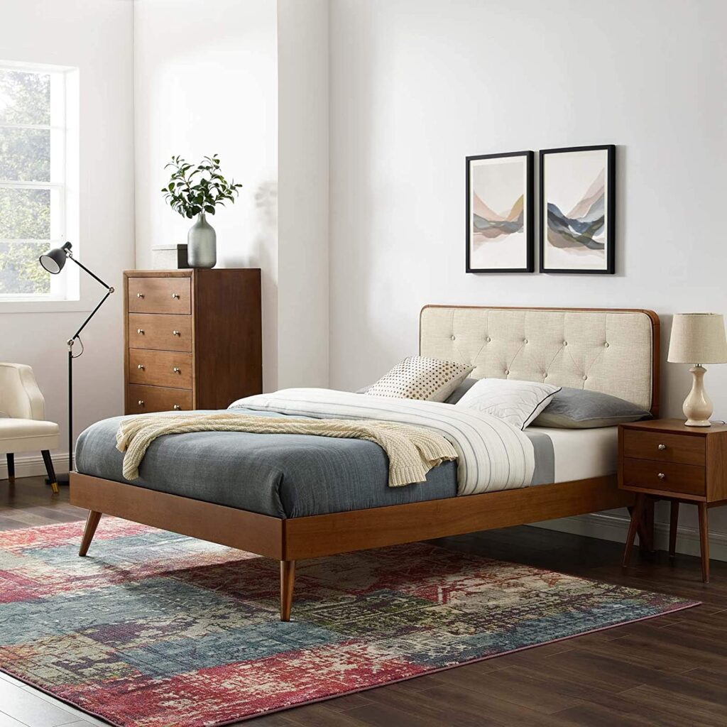 unique retro mid-century modern beige tufted bed with rounded headboard ...