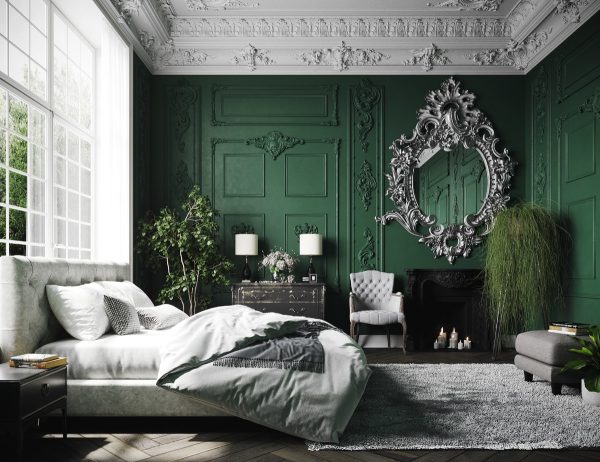 dark green neoclassical bedroom | Interior Design Ideas