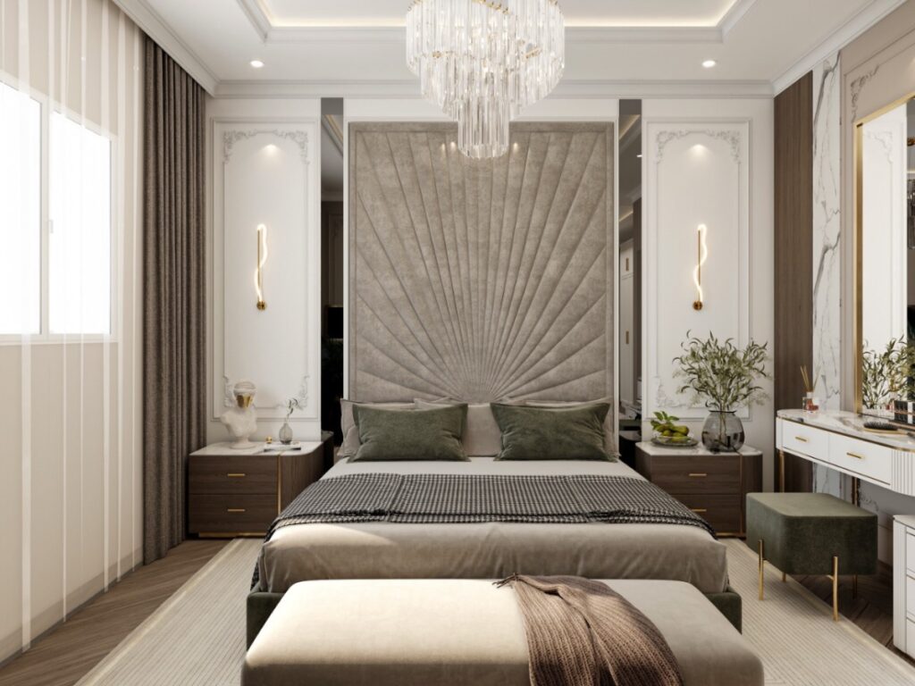 gray neoclassical bedroom | Interior Design Ideas