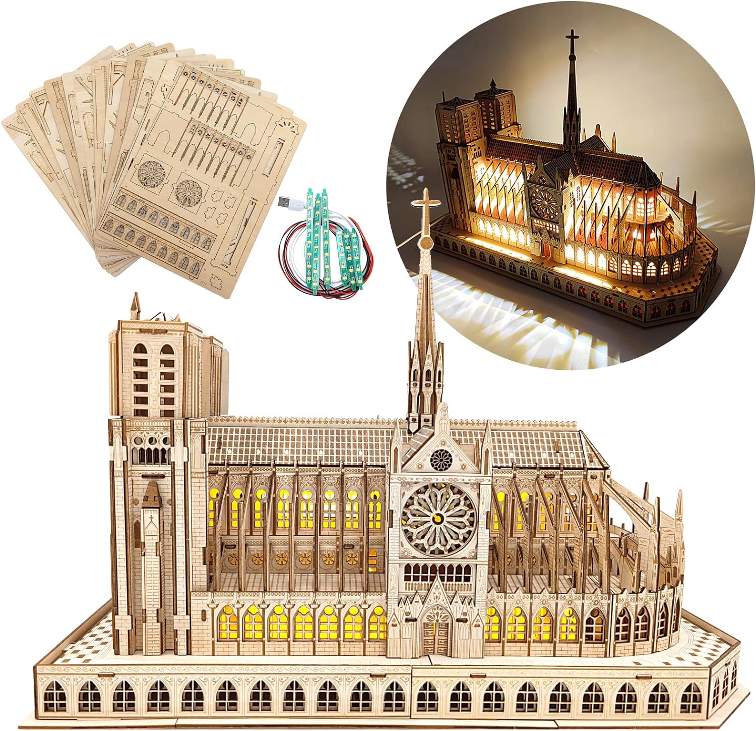 Wooden Notre Dame Model Kit with LED Lights