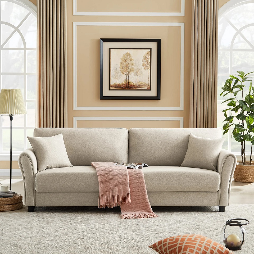 timeless beige linen sofa with curvaceous armrests and removable ...