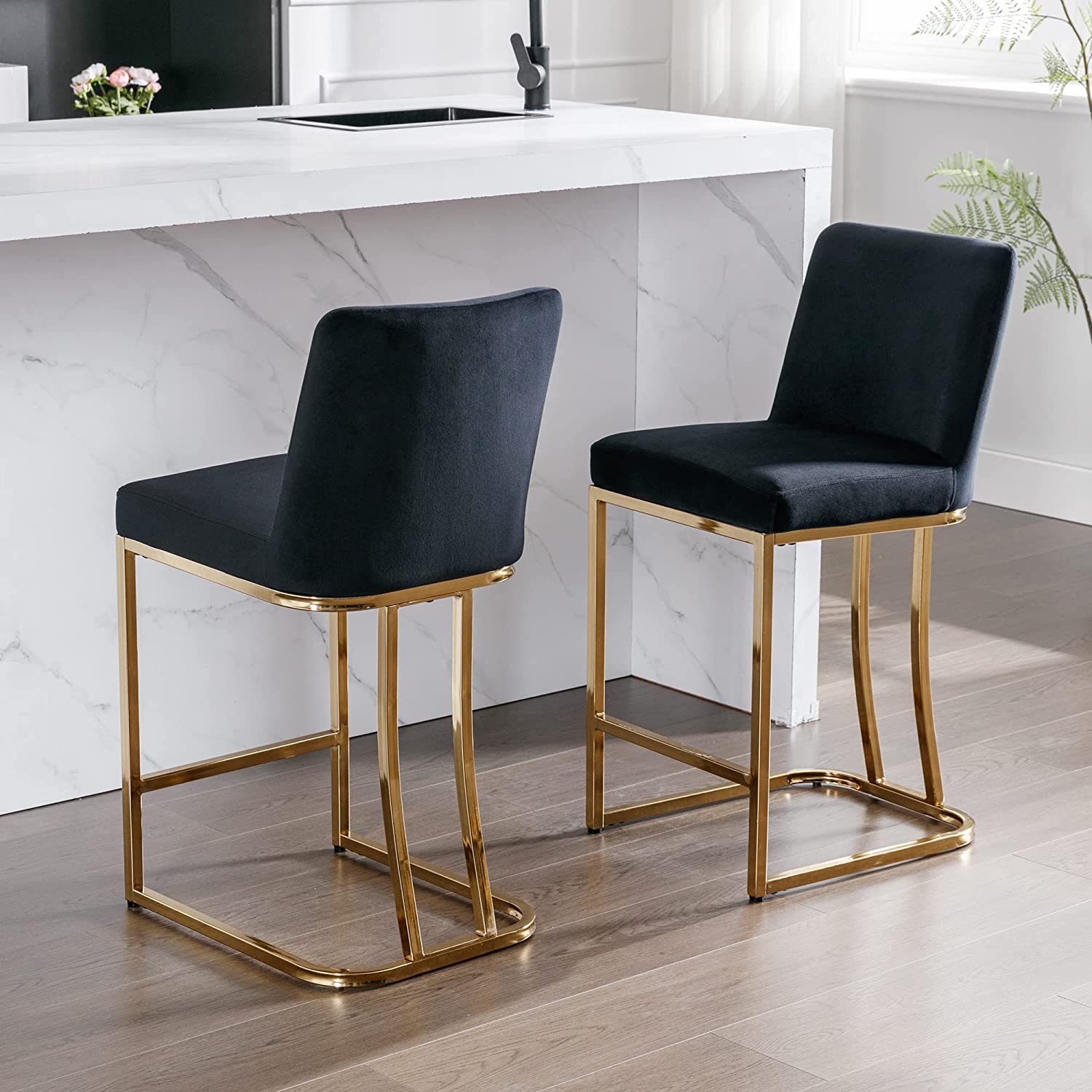 black upholstered bar stools with velvet upholstery and gold metal base legs sled style tall backrest comfortable luxury seating ideas for kitchen contemporary decor theme