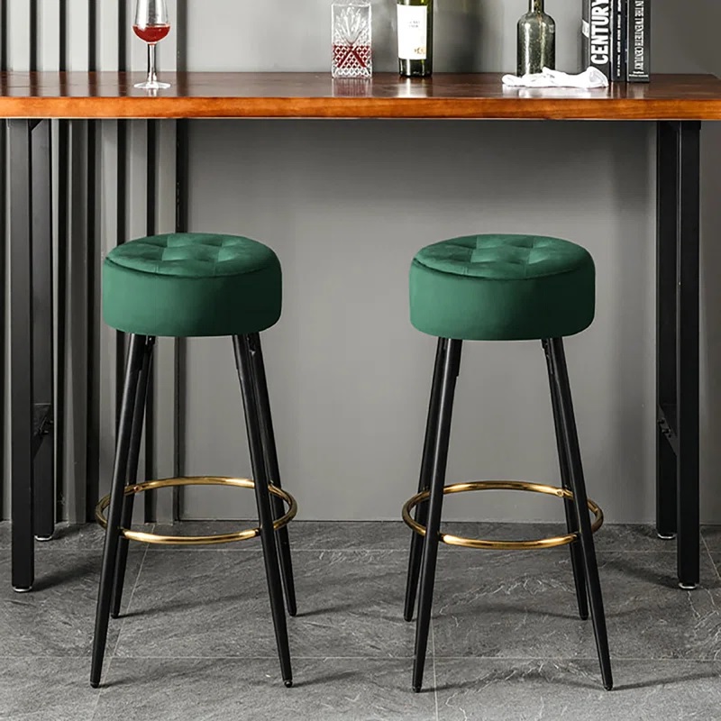 button tufted round backless green upholstered bar stool set emerald and gold furniture for kitchen decor theme glamorous modern trends for kitchens luxury velvet upholstery