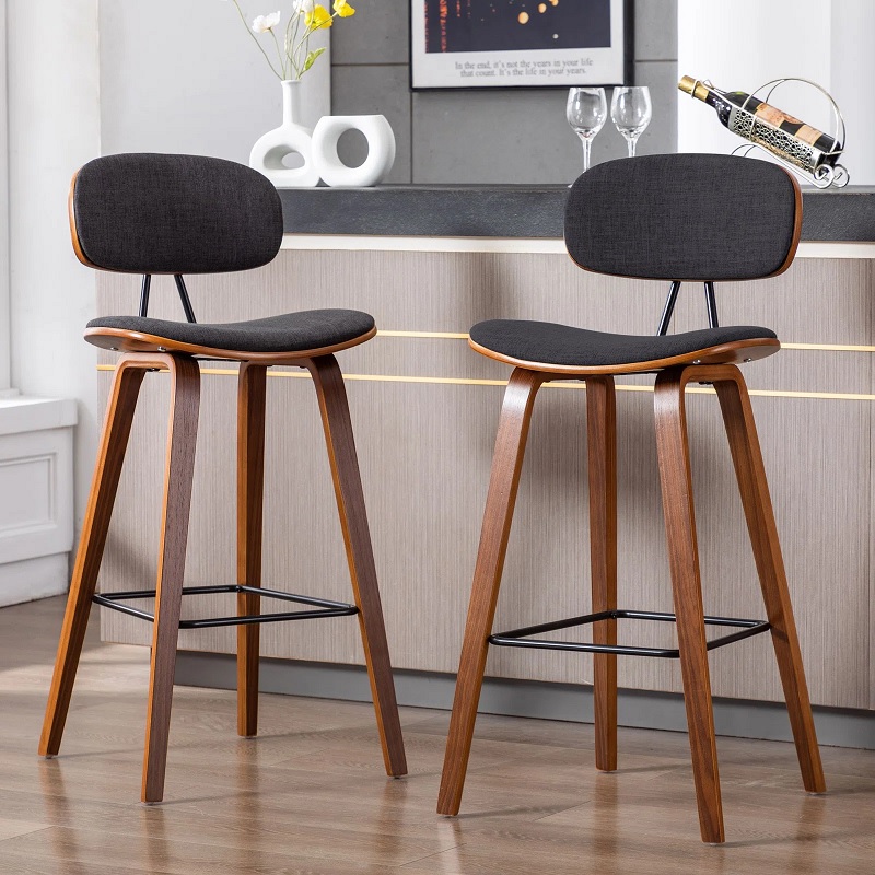 comfortable wooden bar stool with back and padded backrest cushioned seat black fabric mid century modern seating contemporary barstools for kitchen counter