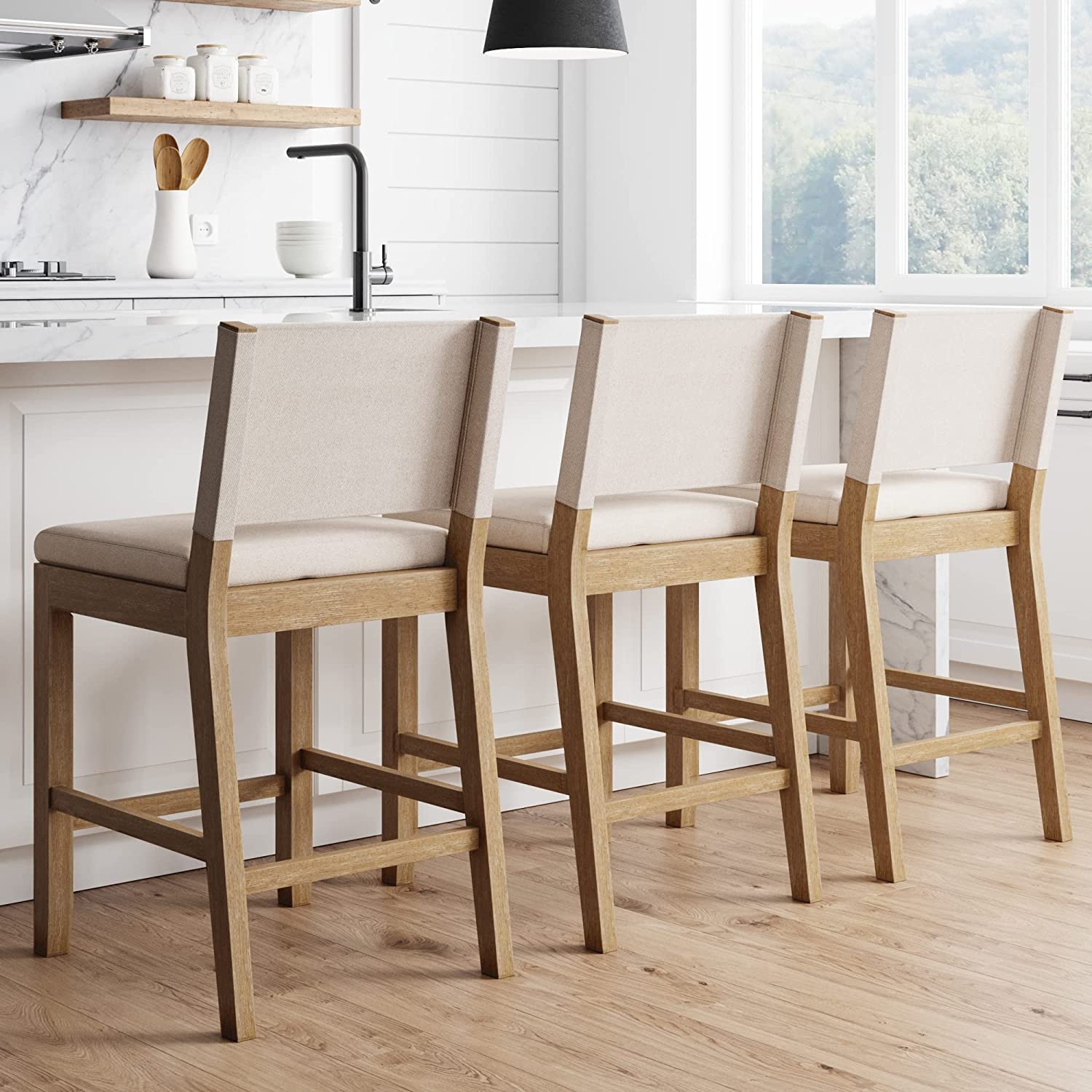 contemporary wooden counter stool with sling backrest and cushioned seat beige upholstery medium honey wood finish comfortable counter height seating for modern farmhouse kitchen