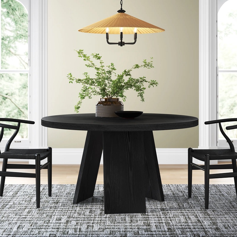 dark black round modern kitchen table with unique tripod base thick wooden slabs circular tabletop minimalist contemporary furniture ideas for eat in kitchen decor theme