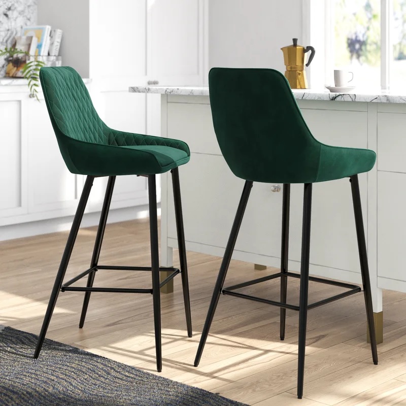 dark green upholstered bar stools with backs quilted velvet upholstery black bases tapered legs built in footrests comfortable high backed barstools for kitchen seating idea