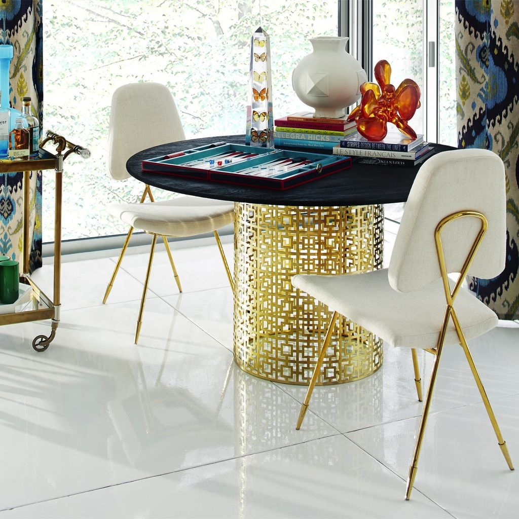 designer kitchen table round black marble tabletop with gold laser cut base art deco furniture inspiration for dining room sophisticated genuine Jonathan Adler tables