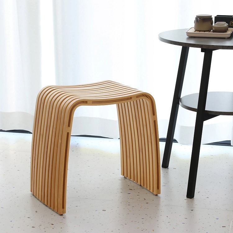 eco friendly low wooden stool made from strips of bamboo extra strong low profile minimalist japandi seating inspiration for living room entryway bathroom chair supportive footrest