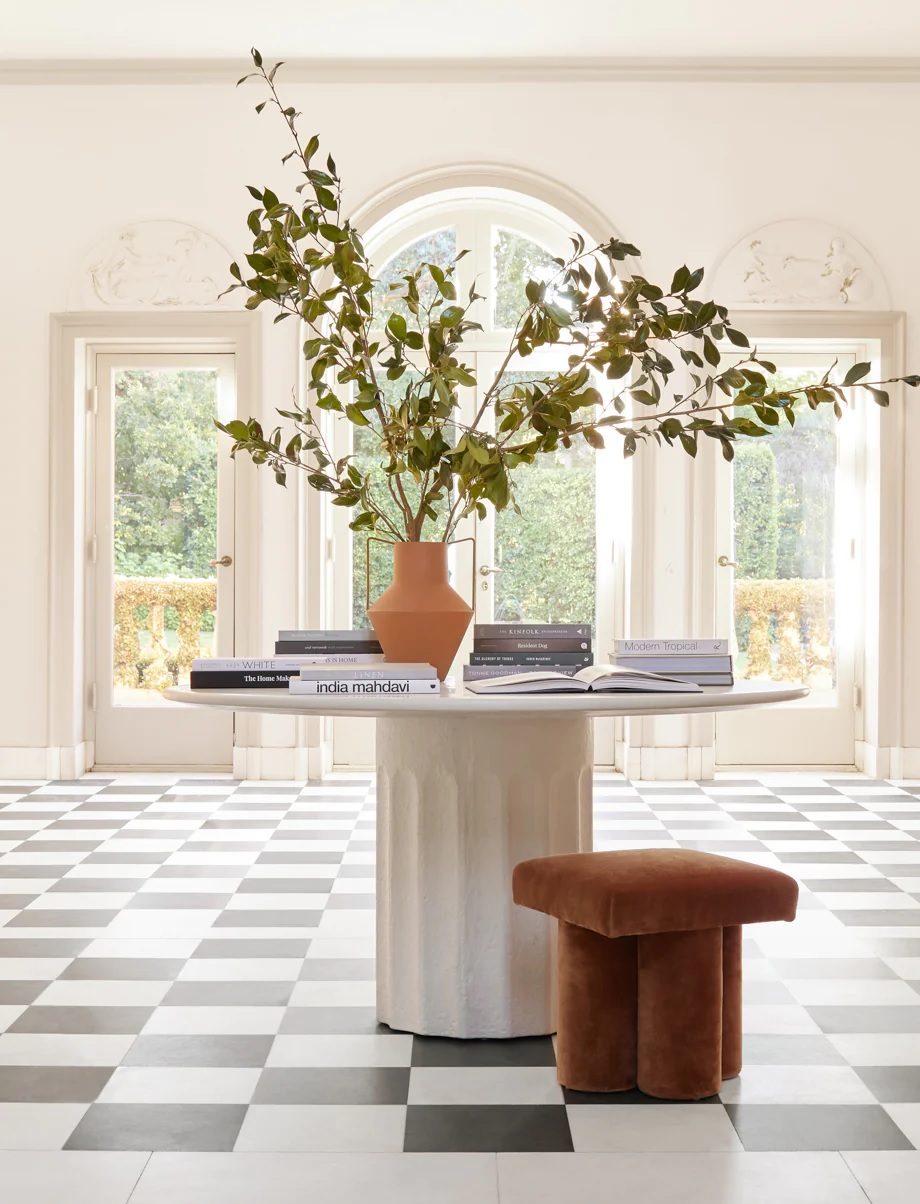 high end architectural round white kitchen table made from fiberstone textured tables inspired by doric column where to buy Sarah Sherman Samuel furniture for sale online