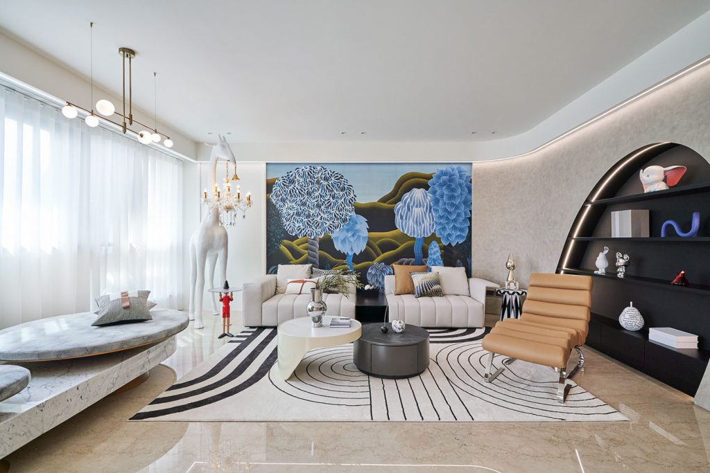 living room with large wall art