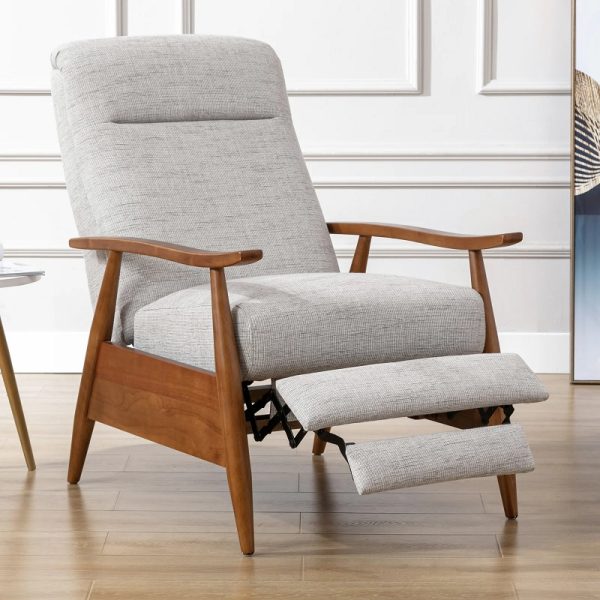 living room wooden recliner chair with wood armrests and grey ...