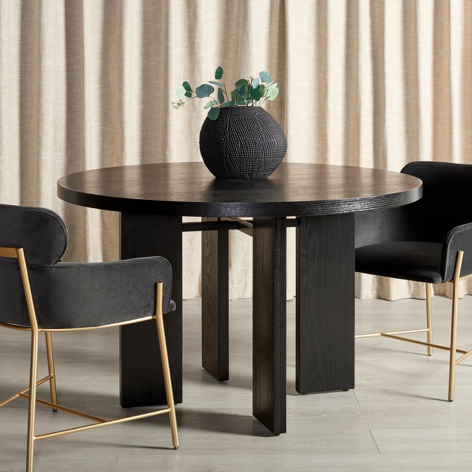 modern black round kitchen table set unique rectangular wooden slab legs rich wood grain with satin black finish contemporary furniture ideas for eat in kitchen arrangement